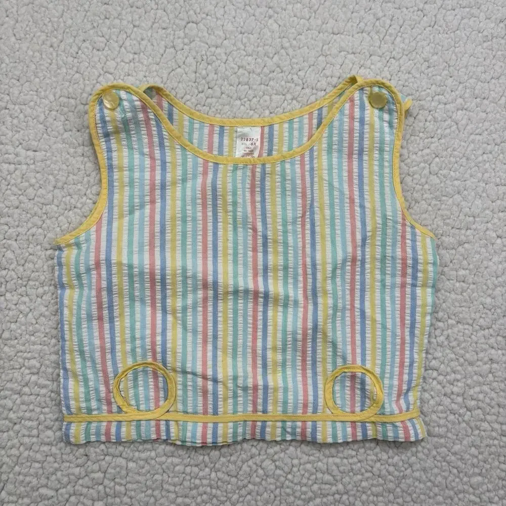 Vintage Seersucker Tank Top‎ Girls Size 6X Rainbow Stripe Button Strap Crop Top